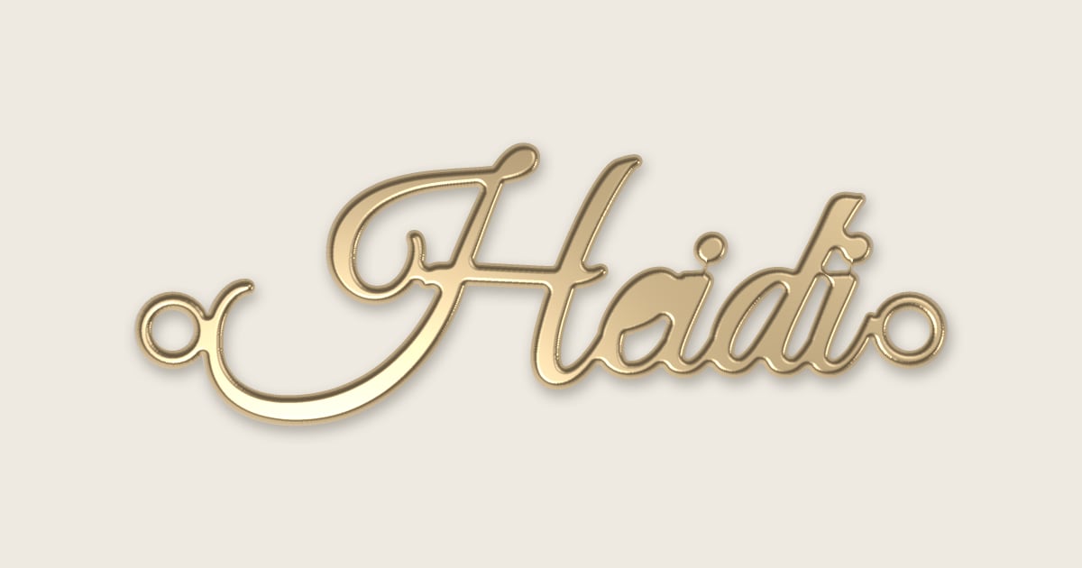 Heidi name necklace in 14k yellow gold, classic script lettering