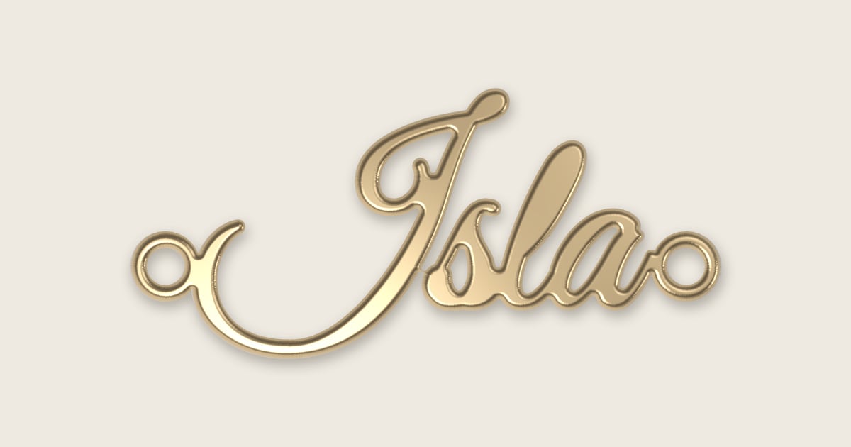 Isla name necklace in 14k yellow gold, classic script lettering