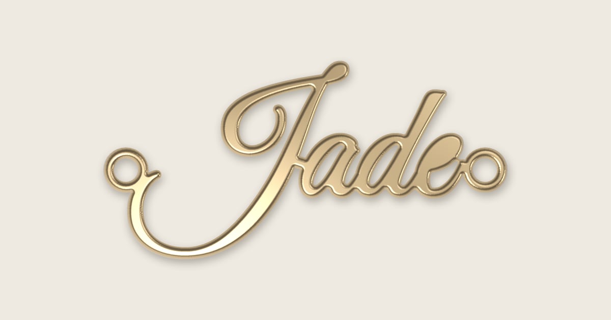 Jade name necklace in 14k yellow gold, classic script lettering