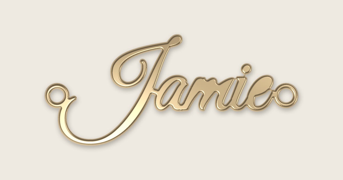 Jamie name necklace in 14k yellow gold, classic script lettering
