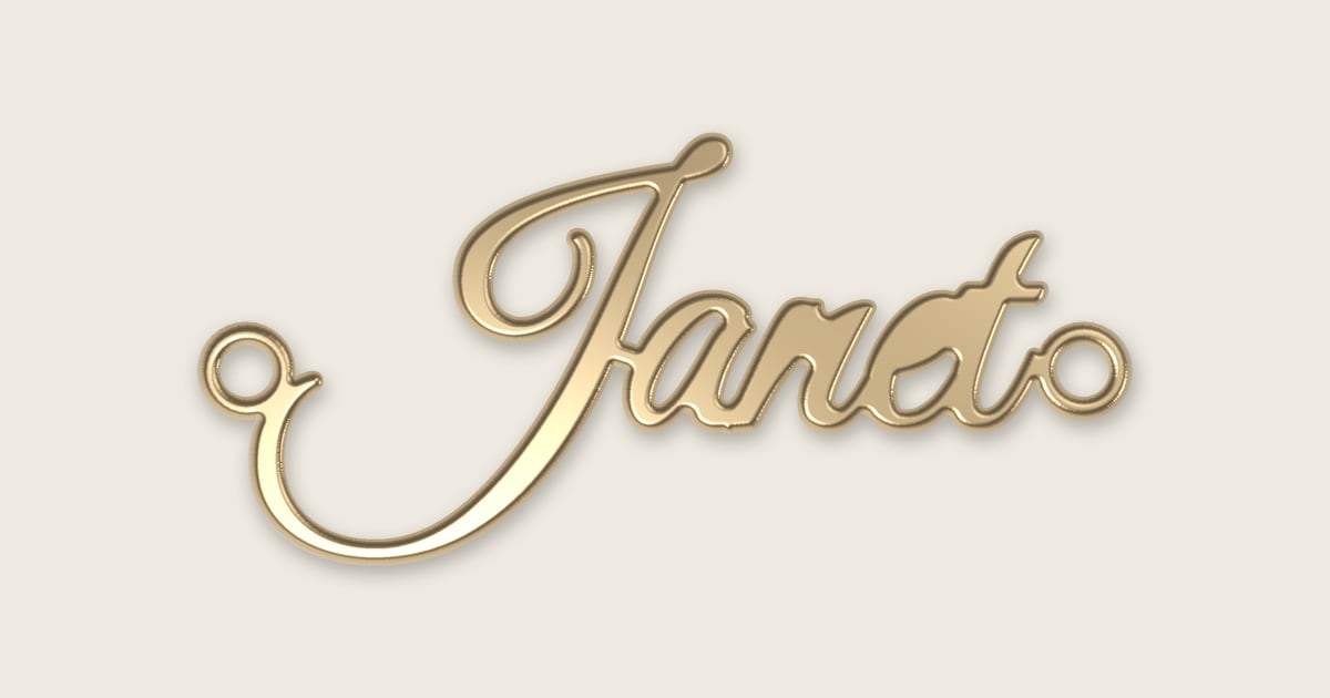 Janet name necklace in 14k yellow gold, classic script lettering
