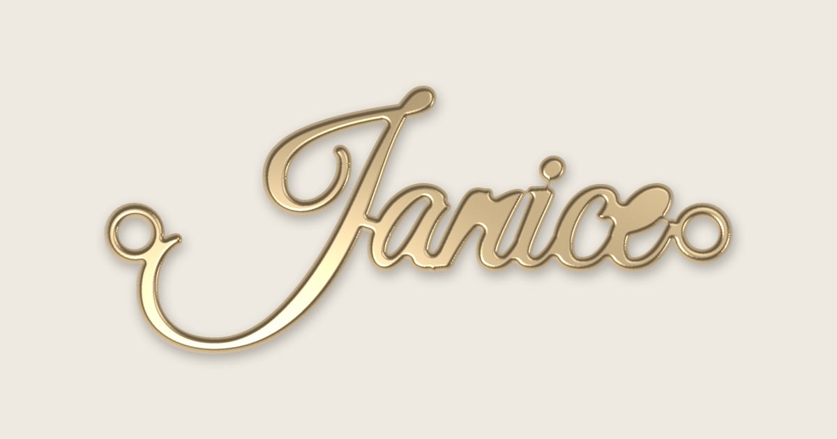 Janice name necklace in 14k yellow gold, classic script lettering