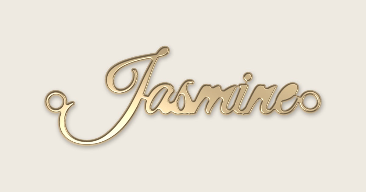 Jasmine name necklace in 14k yellow gold, classic script lettering
