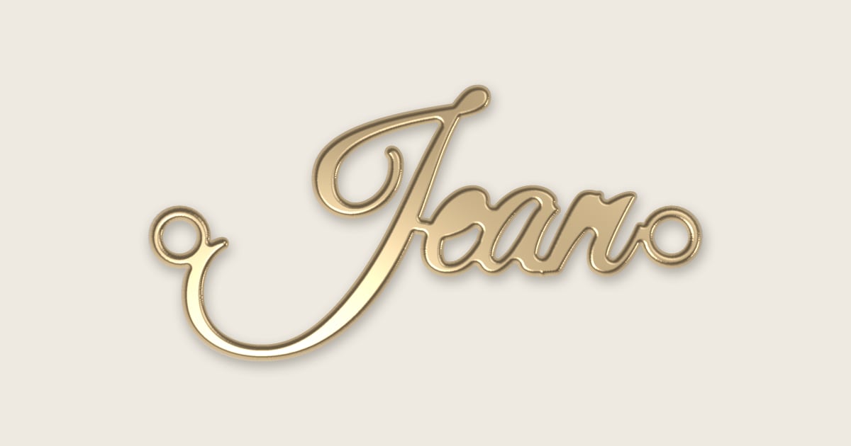 Jean name necklace in 14k yellow gold, classic script lettering