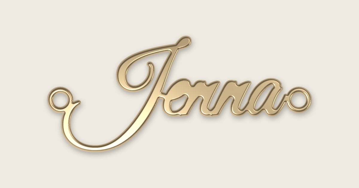 Jenna name necklace in 14k yellow gold, classic script lettering