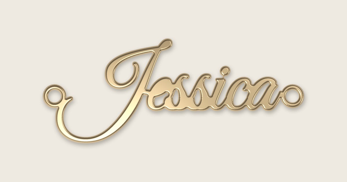 Jessica name necklace in 14k yellow gold, classic script lettering