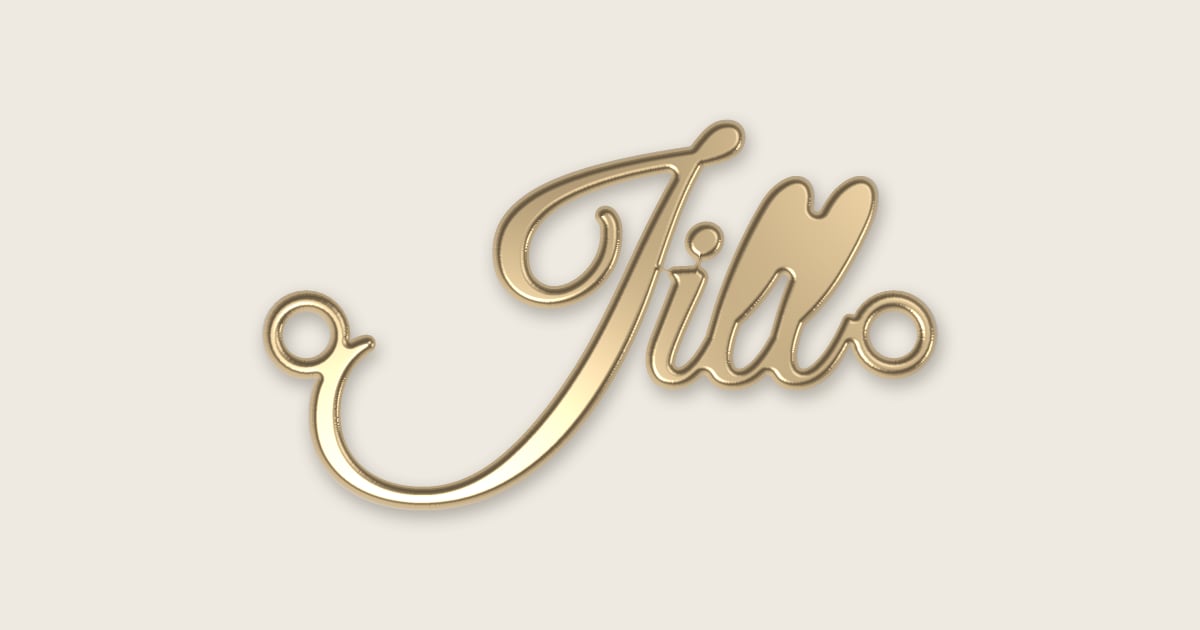 Jill name necklace in 14k yellow gold, classic script lettering