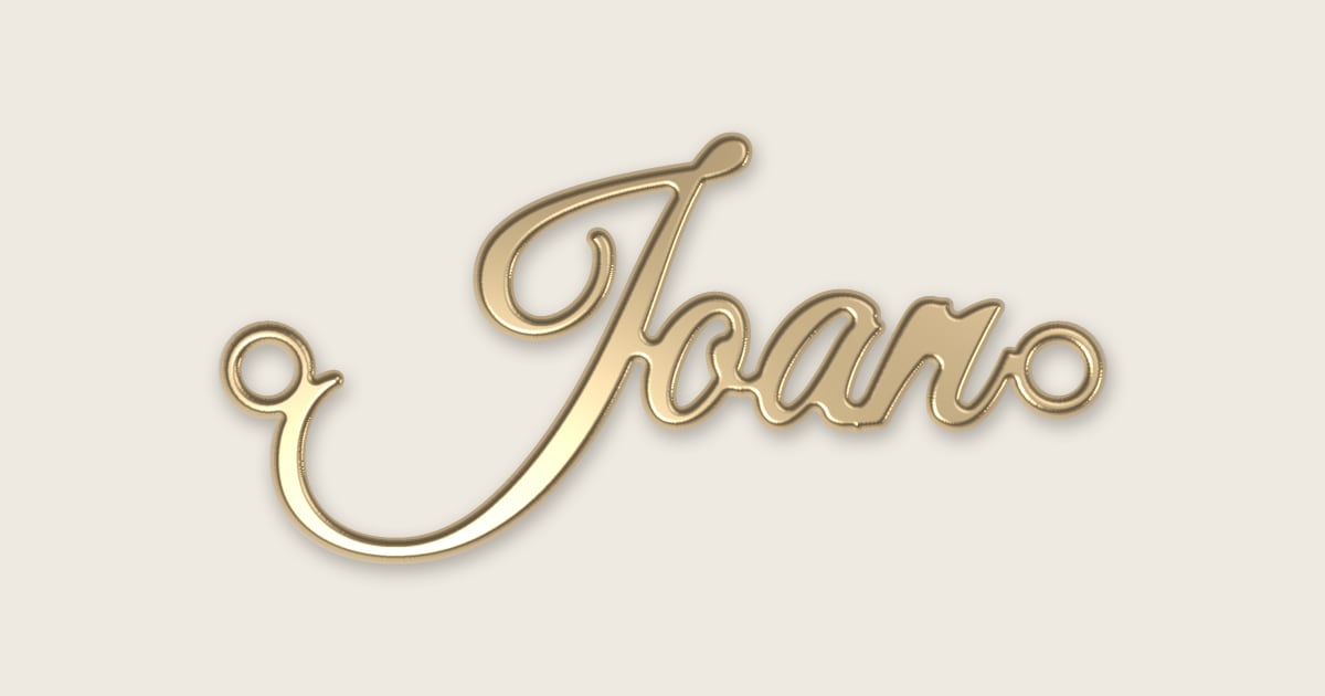 Joan name necklace in 14k yellow gold, classic script lettering
