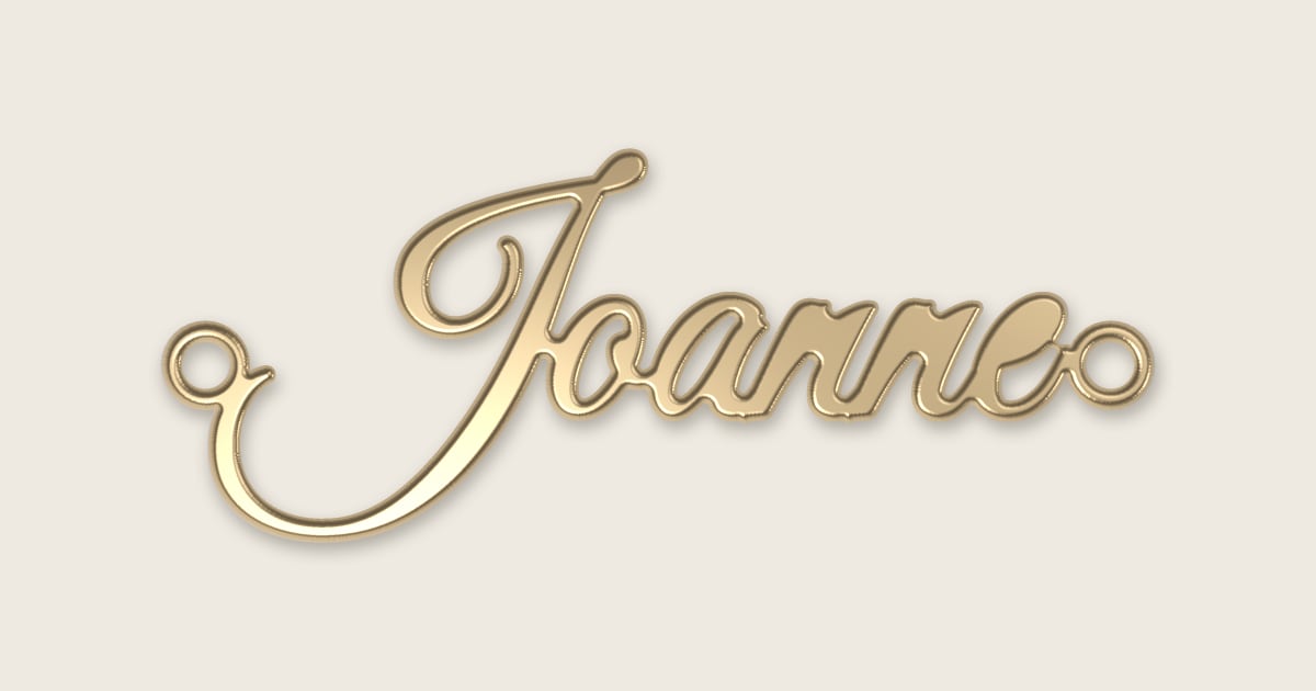 Joanne name necklace in 14k yellow gold, classic script lettering