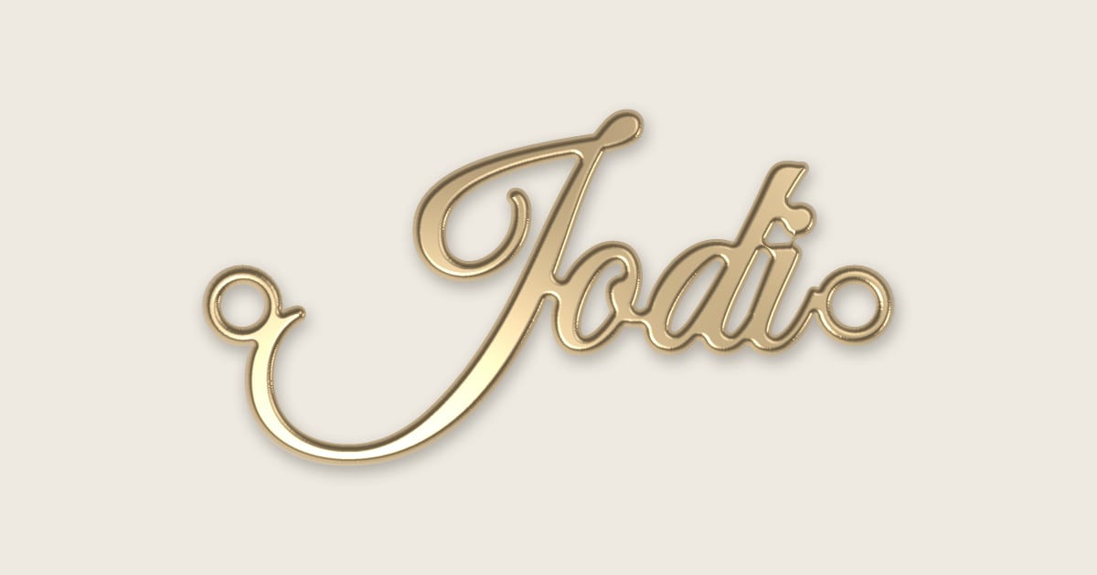 Jodi name necklace in 14k yellow gold, classic script lettering
