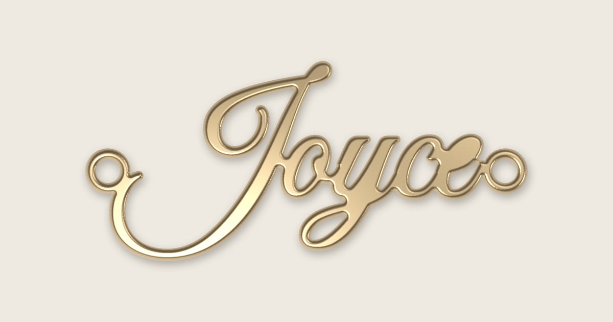 Joyce name necklace in 14k yellow gold, classic script lettering