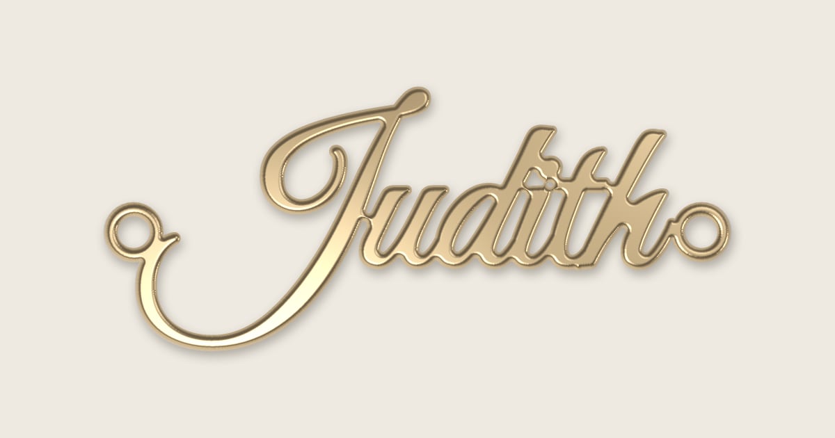Judith name necklace in 14k yellow gold, classic script lettering