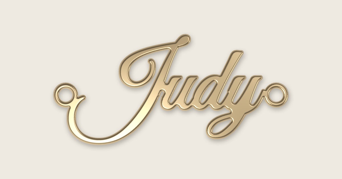 Judy name necklace in 14k yellow gold, classic script lettering