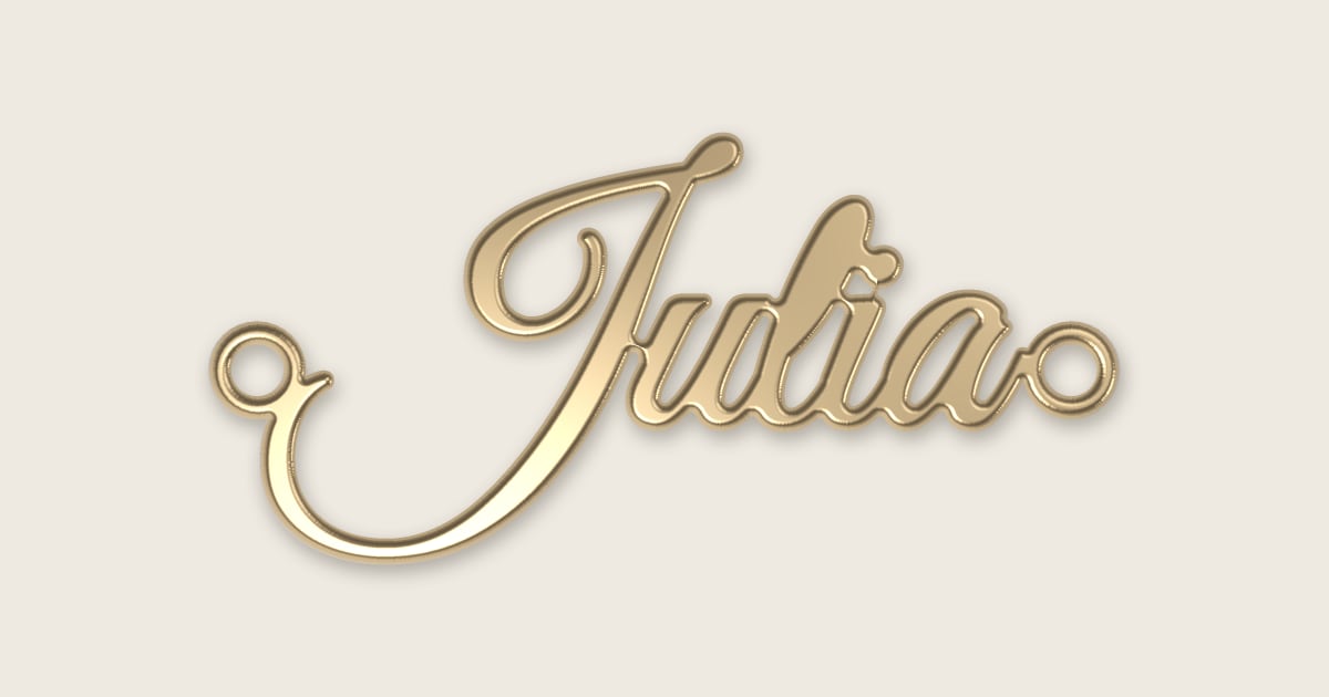 Julia name necklace in 14k yellow gold, classic script lettering