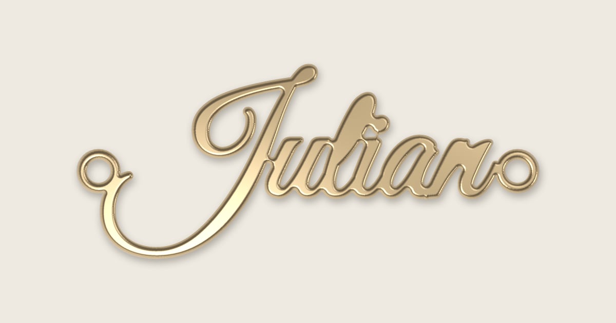 Julian name necklace in 14k yellow gold, classic script lettering