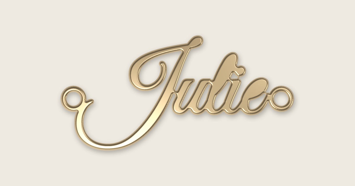 Julie name necklace in 14k yellow gold, classic script lettering