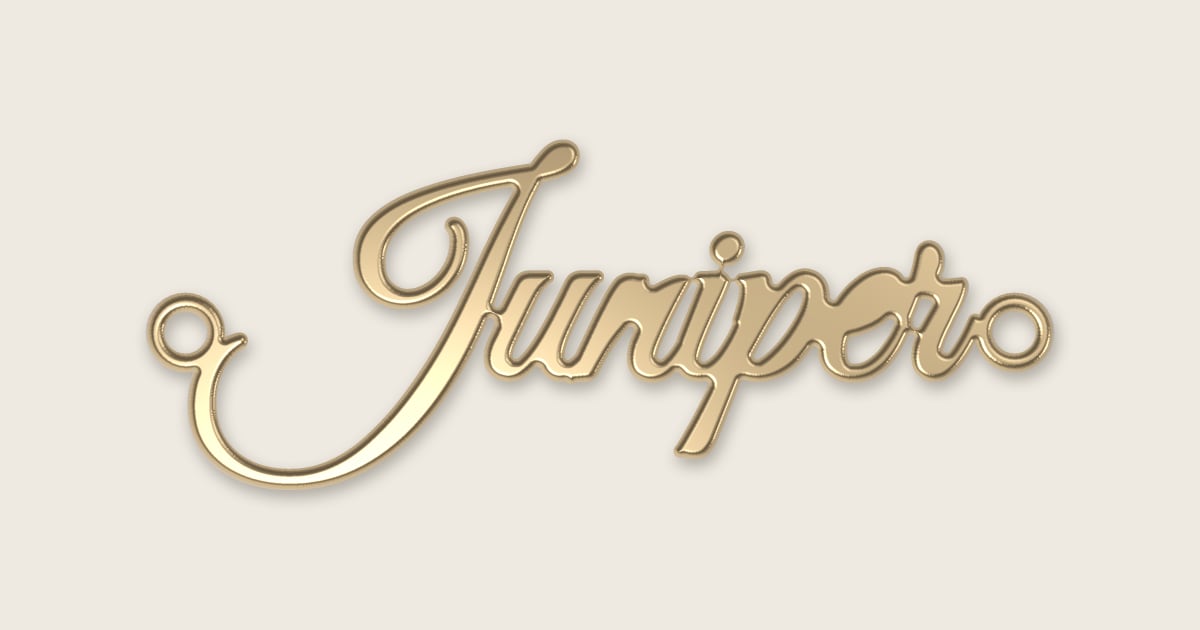 Juniper name necklace in 14k yellow gold, classic script lettering