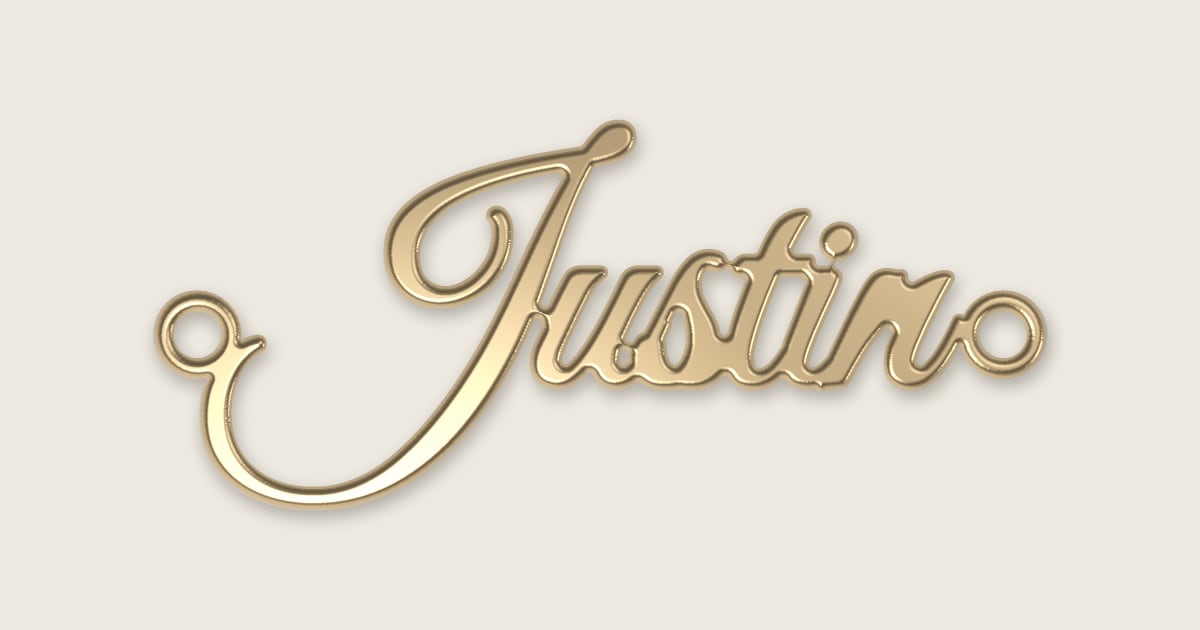Justin name necklace in 14k yellow gold, classic script lettering