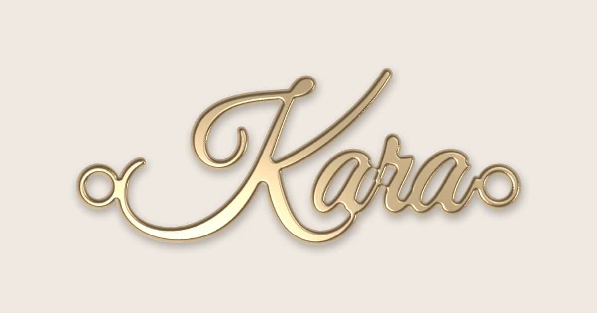 Kara name necklace in 14k yellow gold, classic script lettering