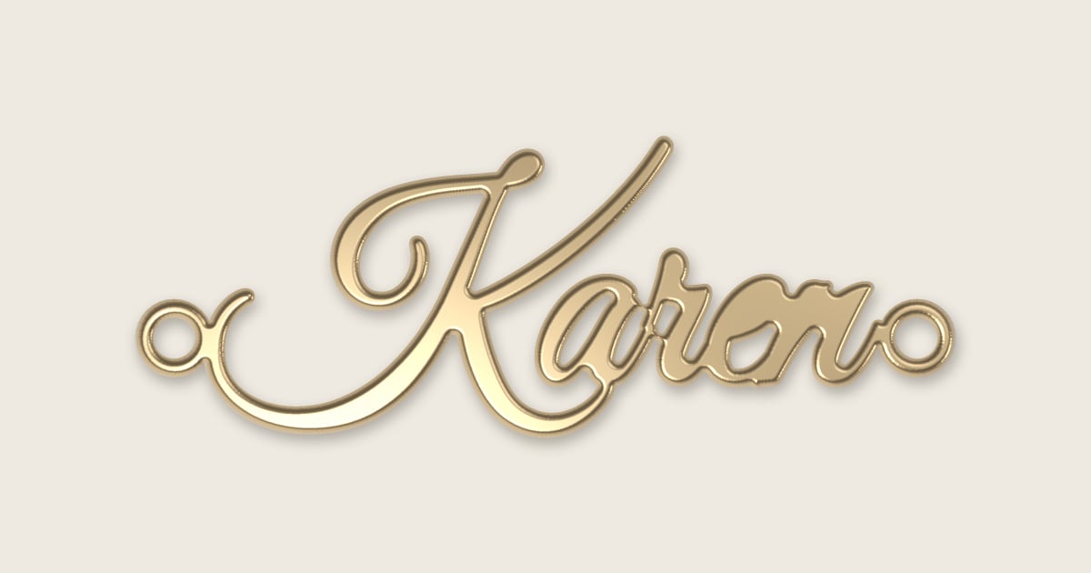 Karen name necklace in 14k yellow gold, classic script lettering