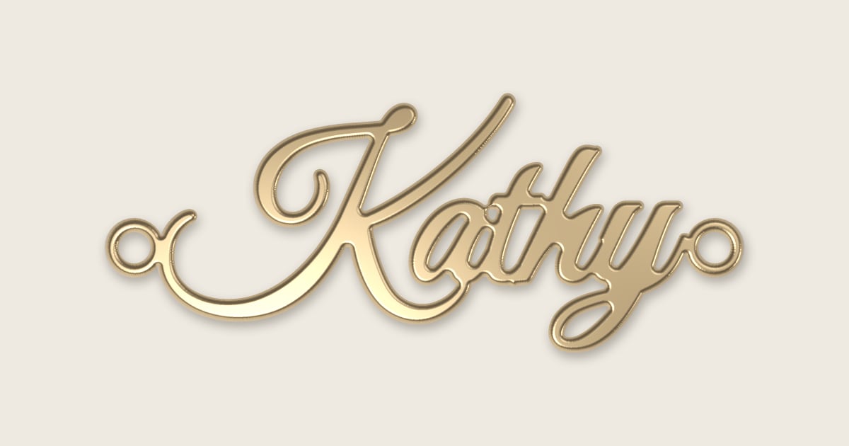 Kathy name necklace in 14k yellow gold, classic script lettering