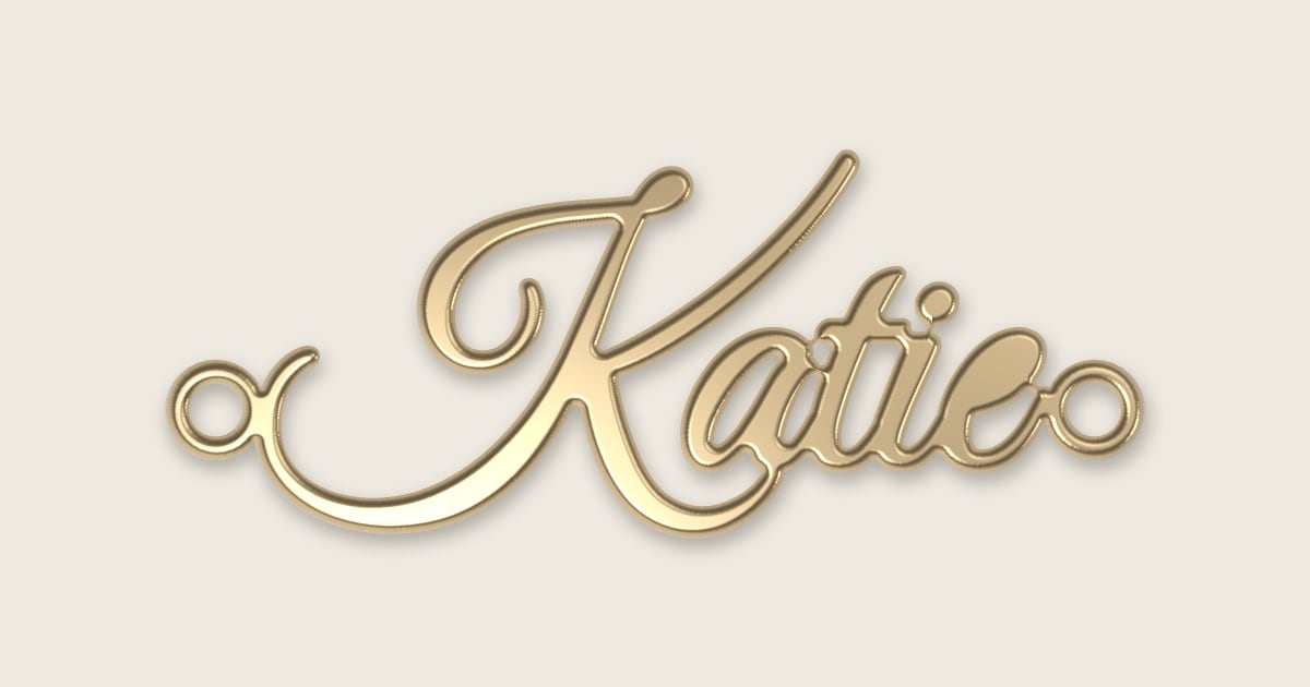 Katie name necklace in 14k yellow gold, classic script lettering