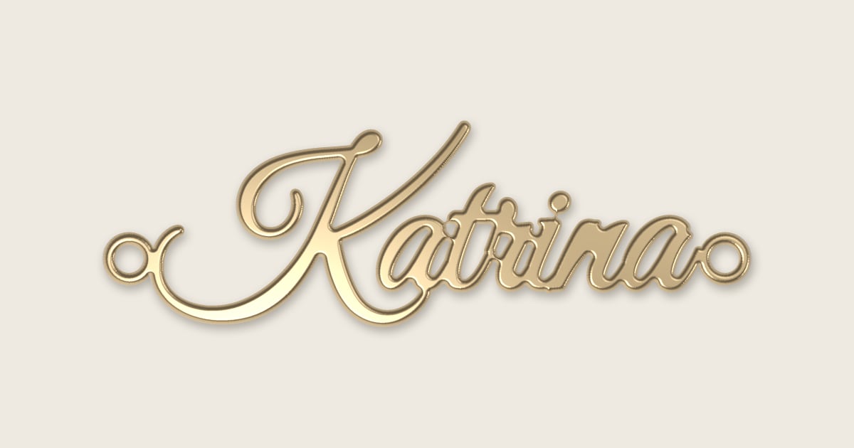 Katrina name necklace in 14k yellow gold, classic script lettering