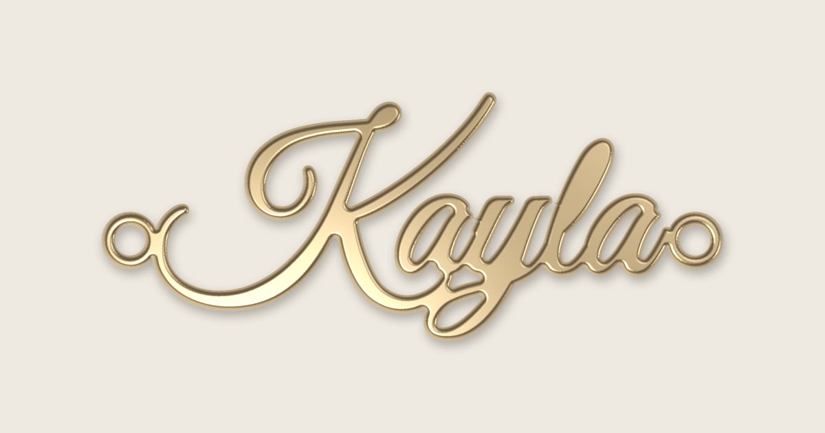 Kayla name necklace in 14k yellow gold, classic script lettering