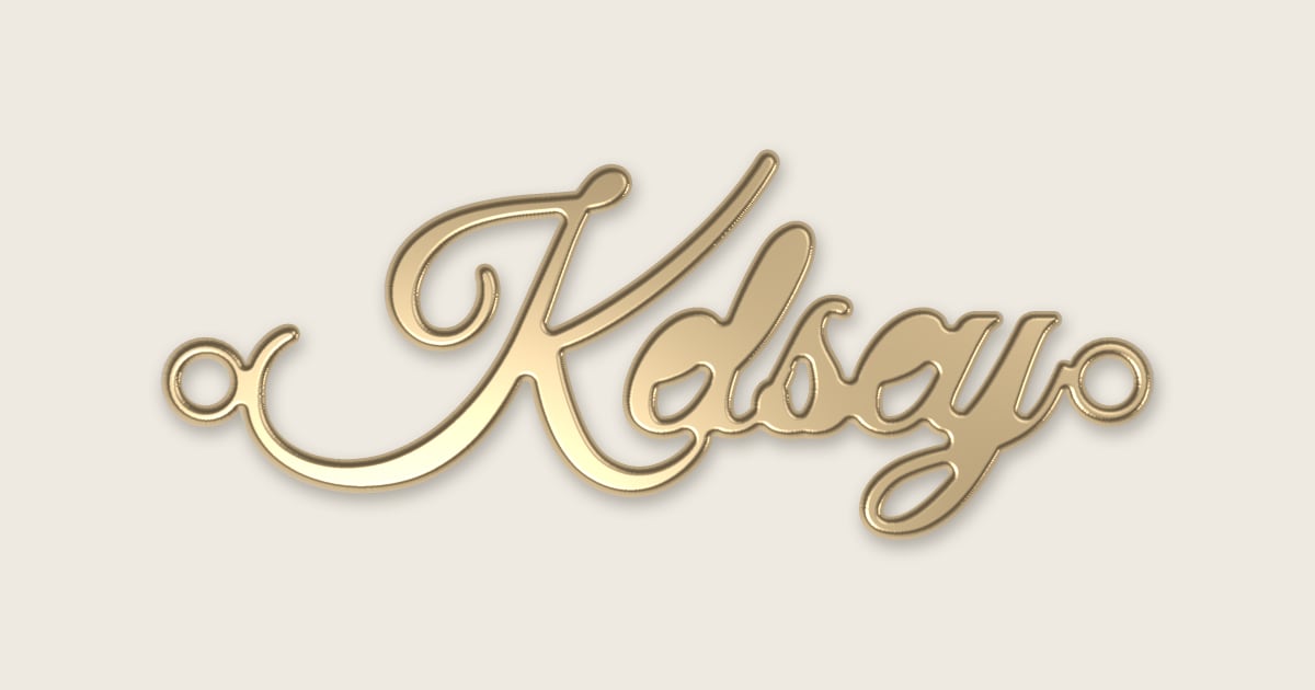 Kelsey name necklace in 14k yellow gold, classic script lettering