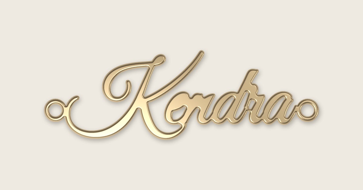Kendra name necklace in 14k yellow gold, classic script lettering