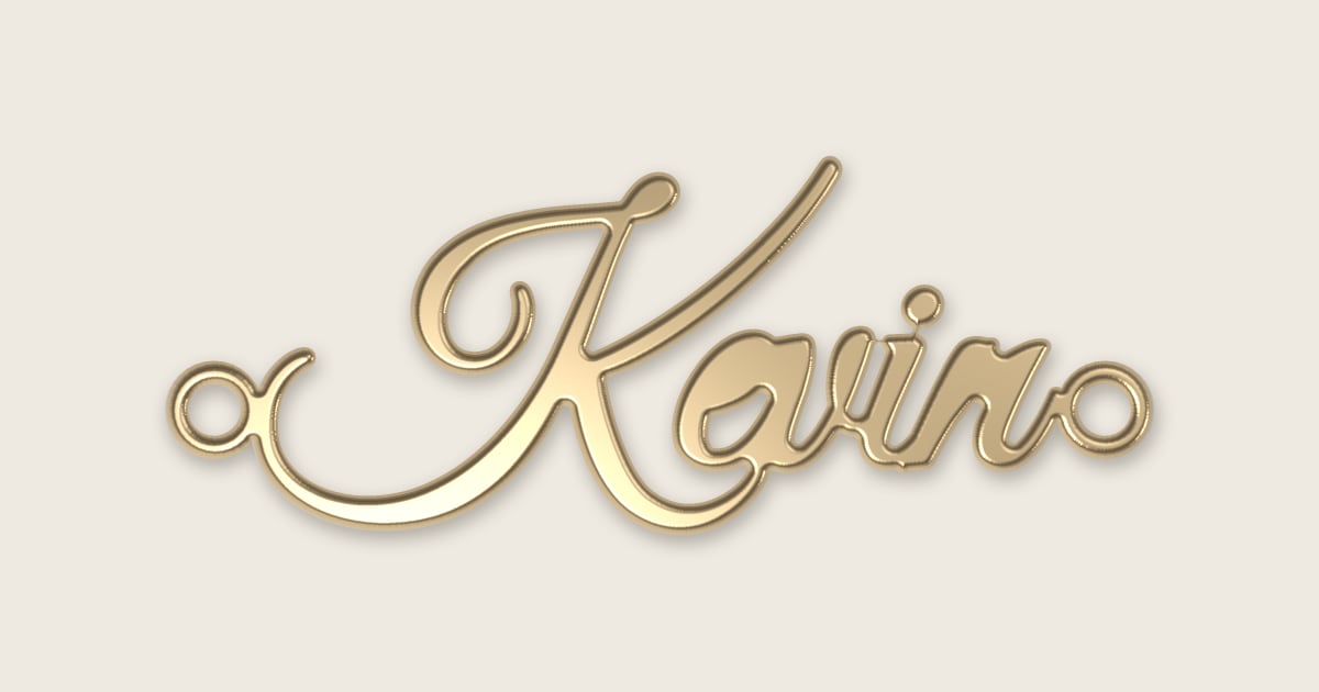 Kevin name necklace in 14k yellow gold, classic script lettering