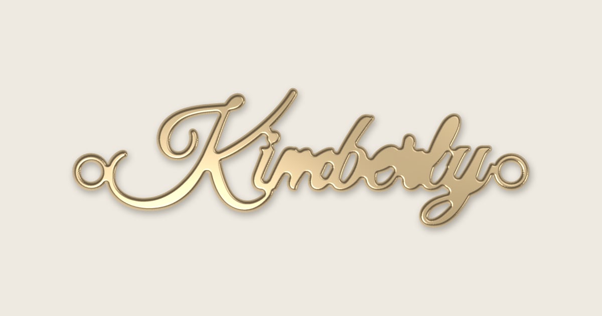 Kimberly name necklace in 14k yellow gold, classic script lettering