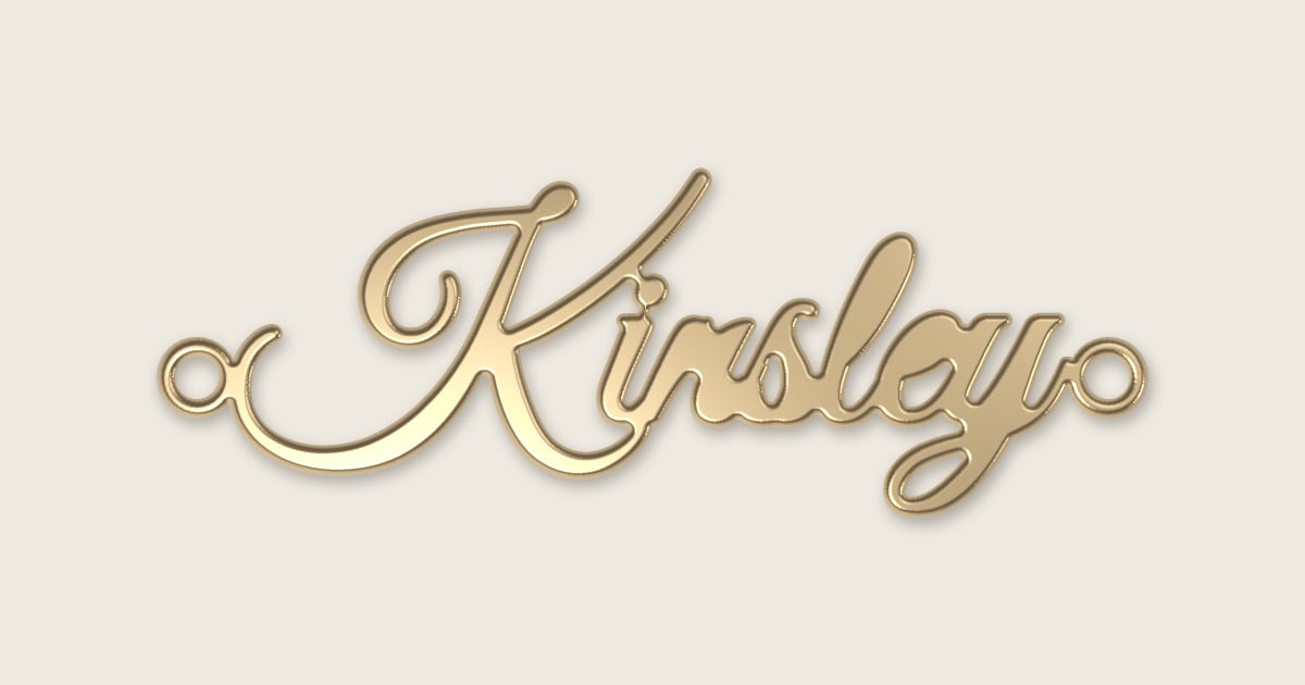 Kinsley name necklace in 14k yellow gold, classic script lettering