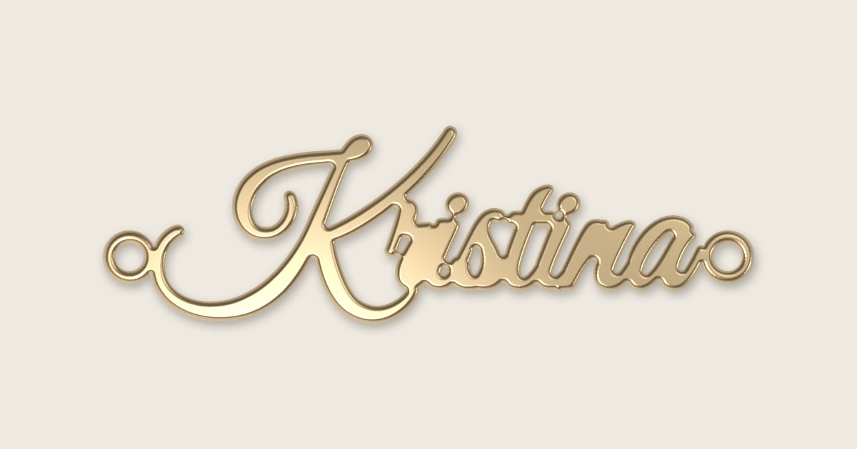 Kristina name necklace in 14k yellow gold, classic script lettering