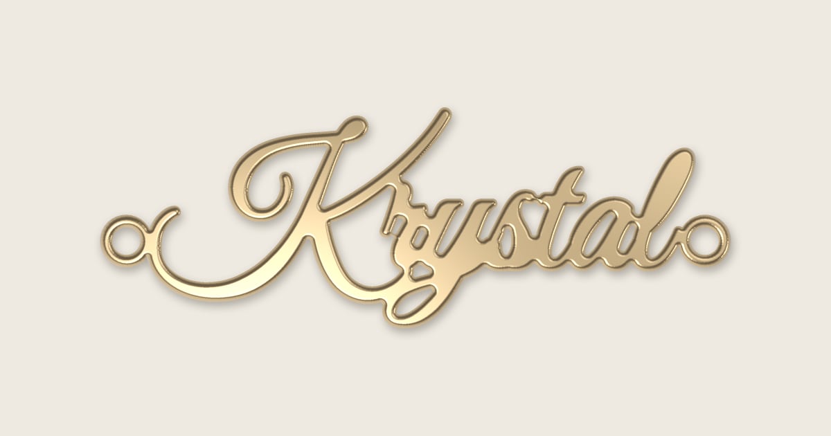 Krystal name necklace in 14k yellow gold, classic script lettering
