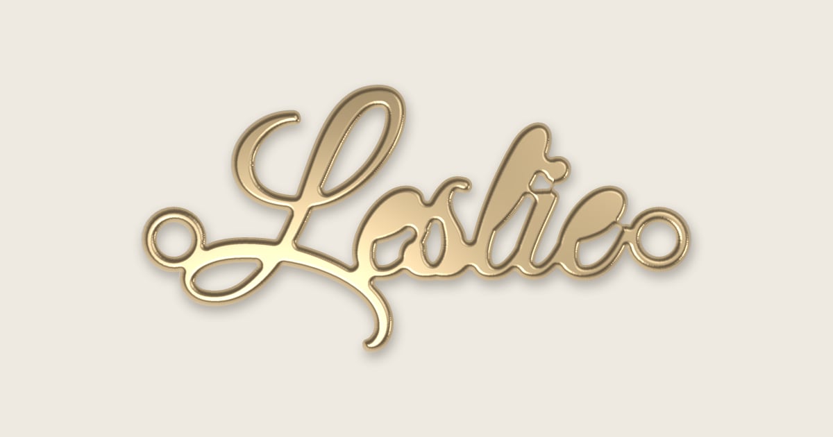 Leslie name necklace in 14k yellow gold, classic script lettering