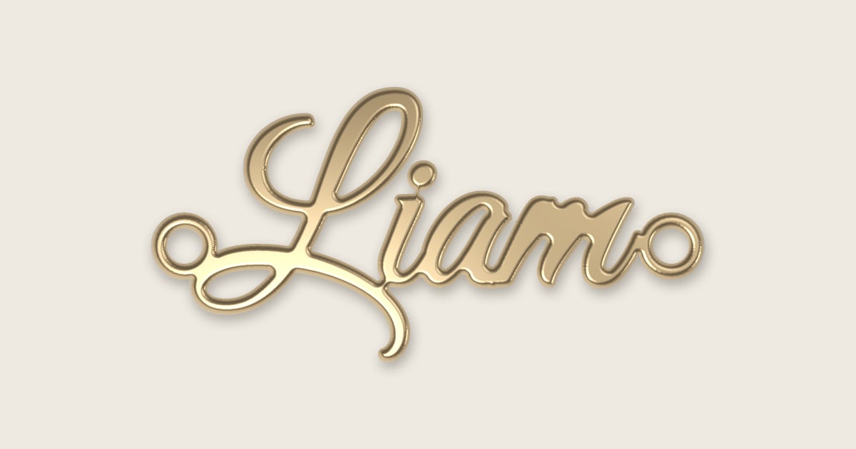 Liam name necklace in 14k yellow gold, classic script lettering