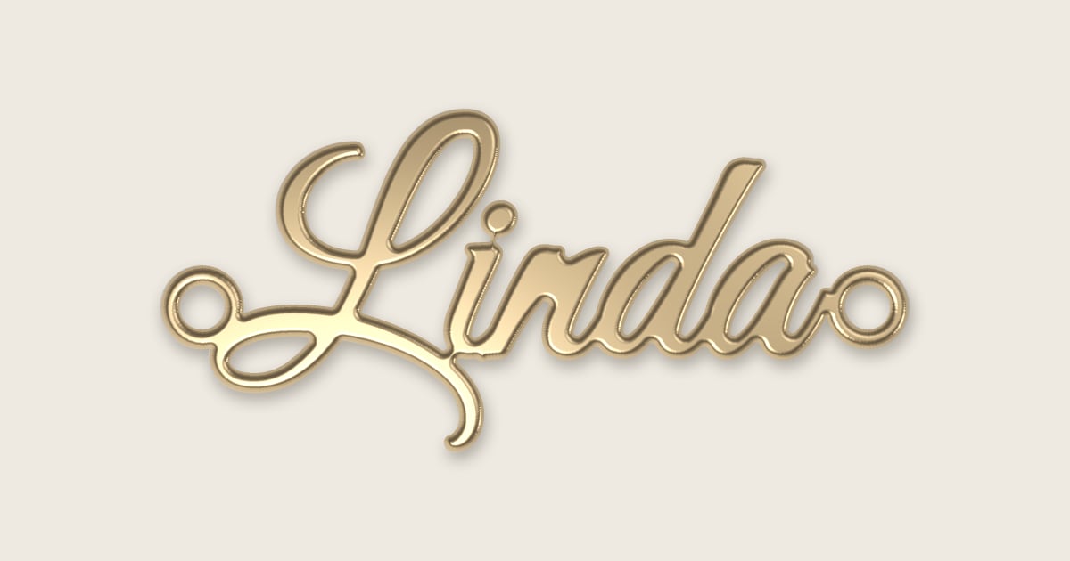 Linda name necklace in 14k yellow gold, classic script lettering