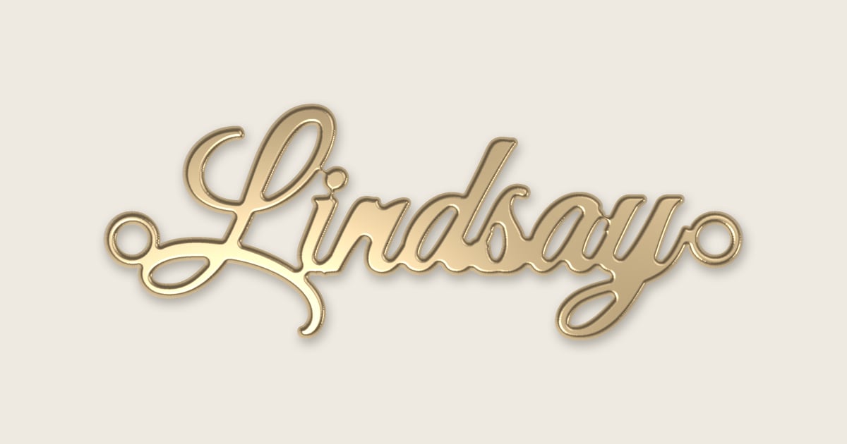 Lindsay name necklace in 14k yellow gold, classic script lettering