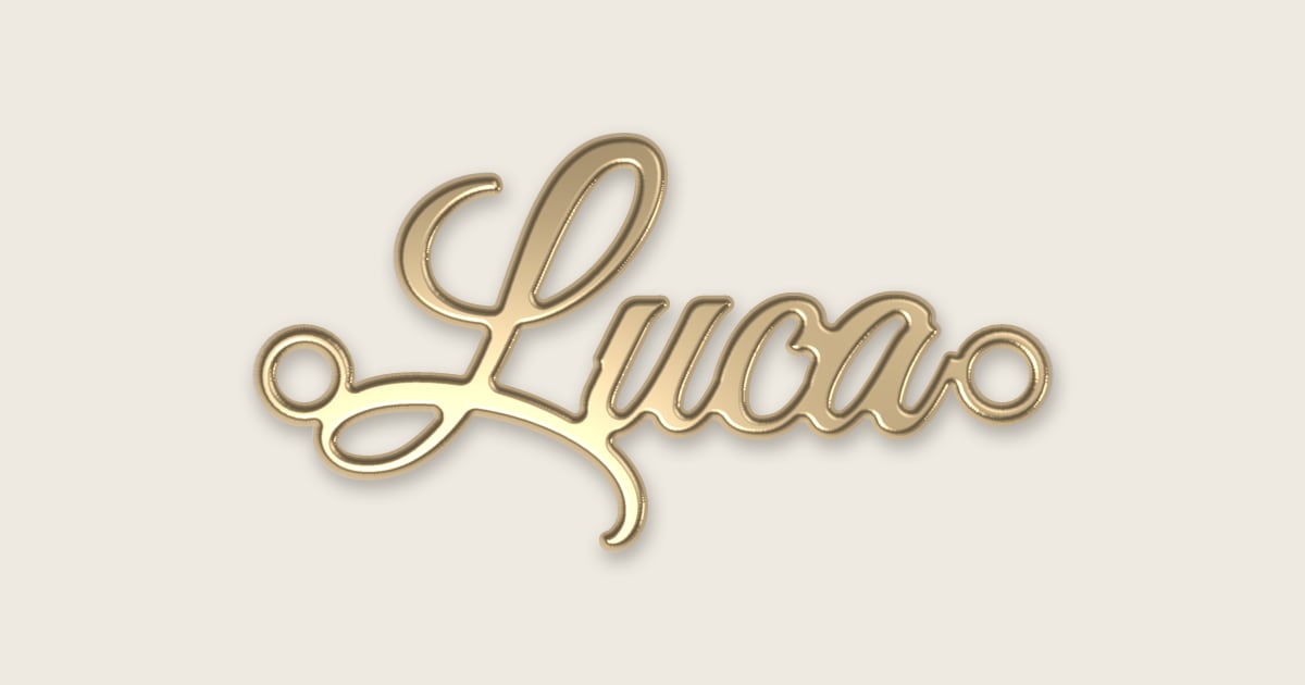 Luca name necklace in 14k yellow gold, classic script lettering