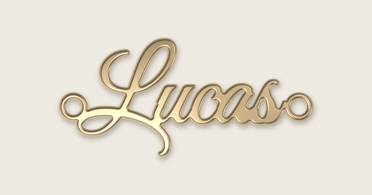 Lucas name necklace in 14k yellow gold, classic script lettering