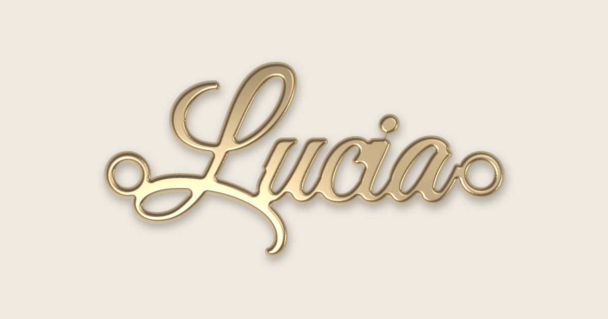 Lucia name necklace in 14k yellow gold, classic script lettering