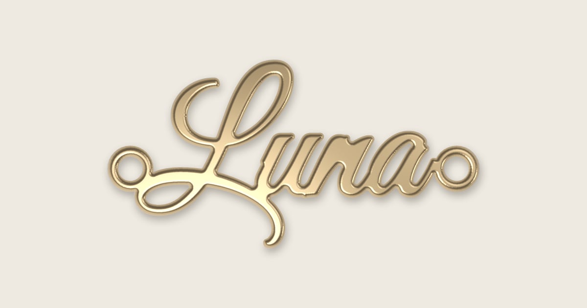 Luna name necklace in 14k yellow gold, classic script lettering