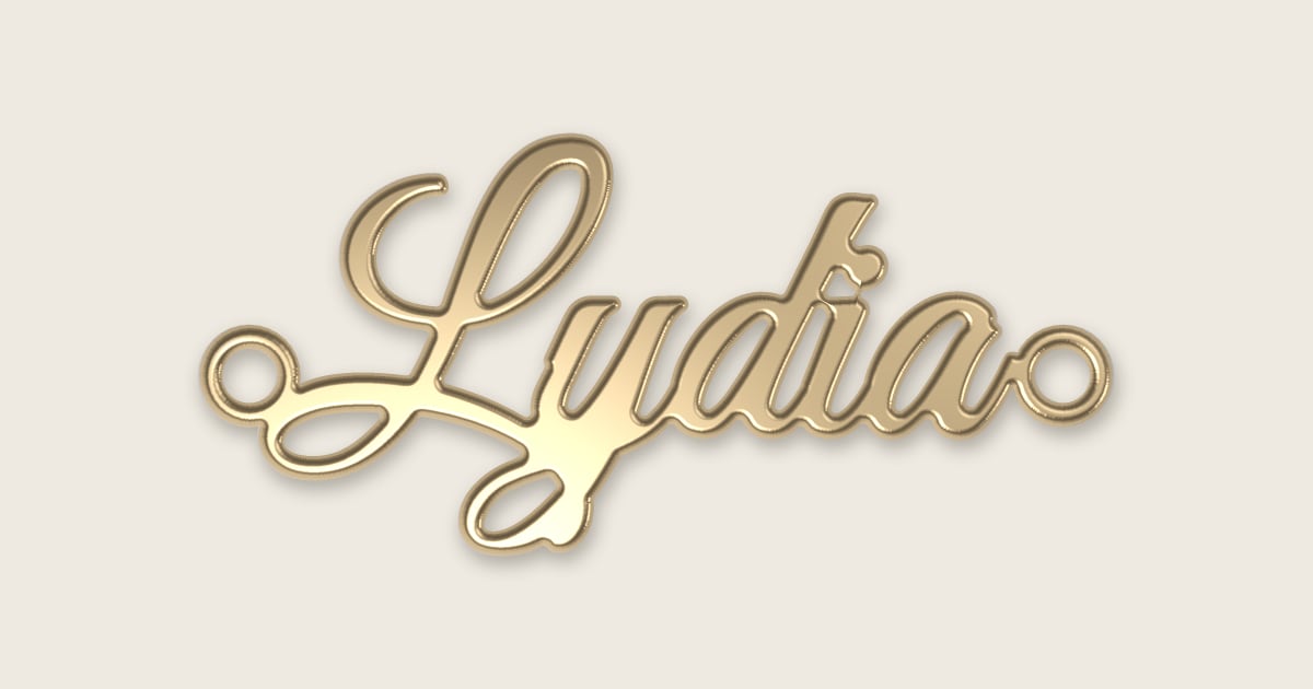 Lydia name necklace in 14k yellow gold, classic script lettering