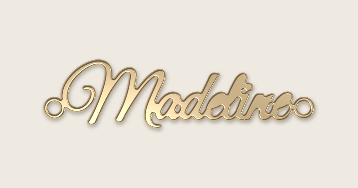 Madeline name necklace in 14k yellow gold, classic script lettering