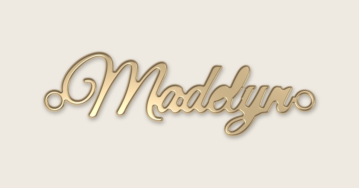 Madelyn name necklace in 14k yellow gold, classic script lettering
