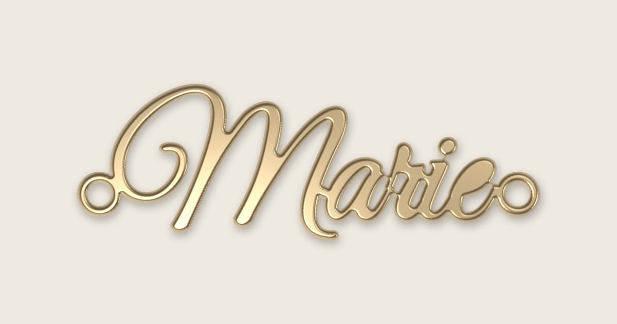 Marie name necklace in 14k yellow gold, classic script lettering