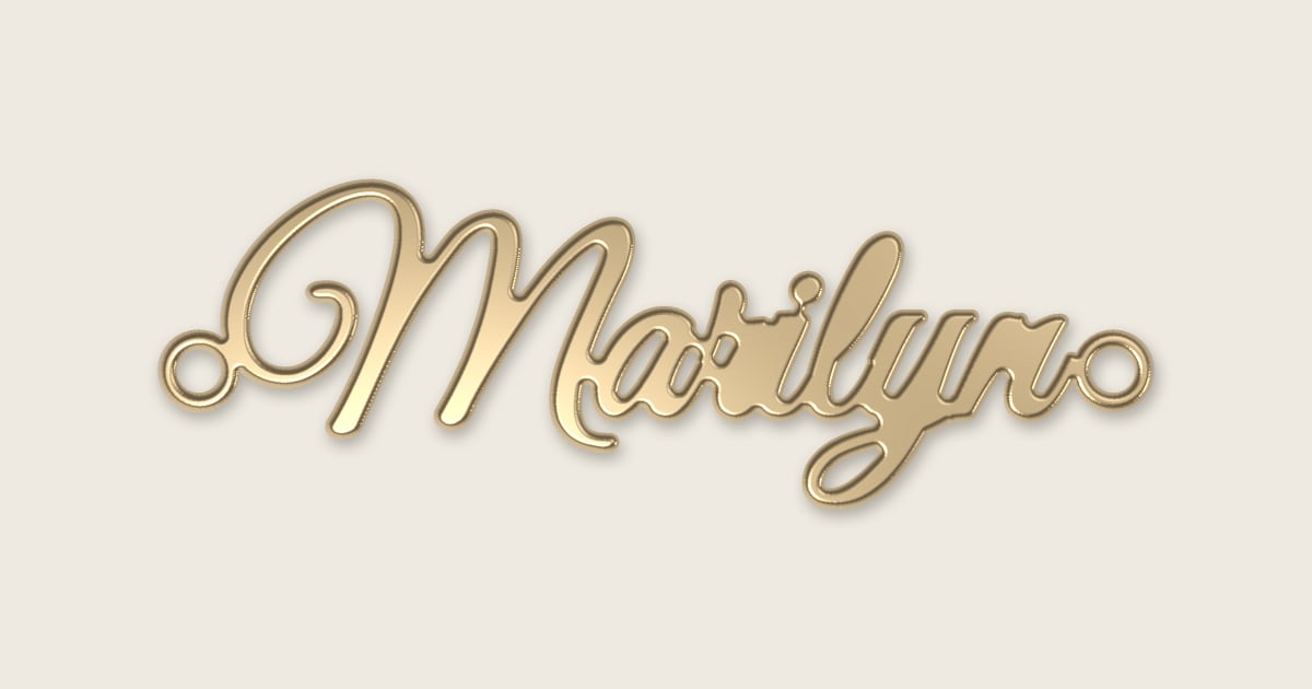 Marilyn name necklace in 14k yellow gold, classic script lettering