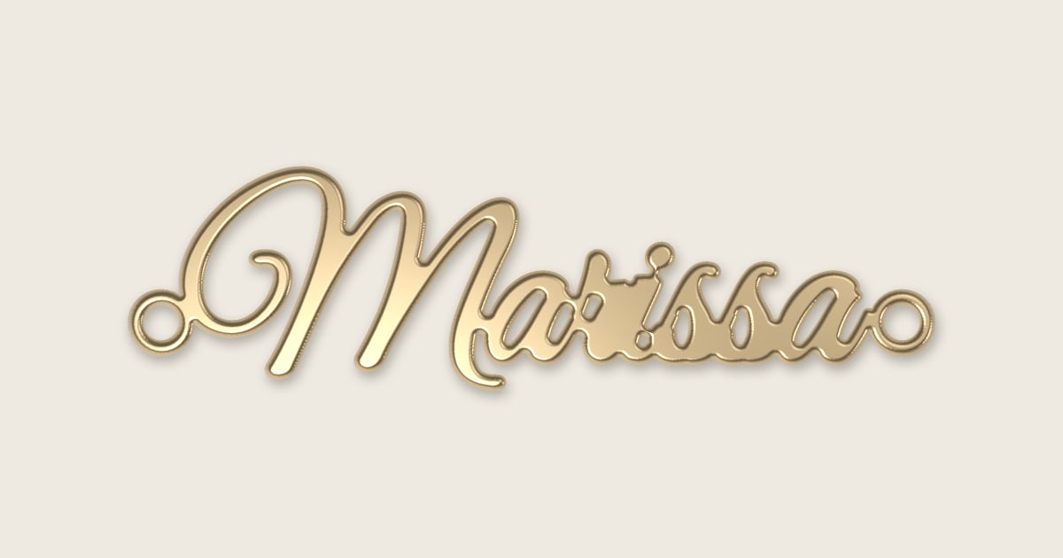 Marissa name necklace in 14k yellow gold, classic script lettering