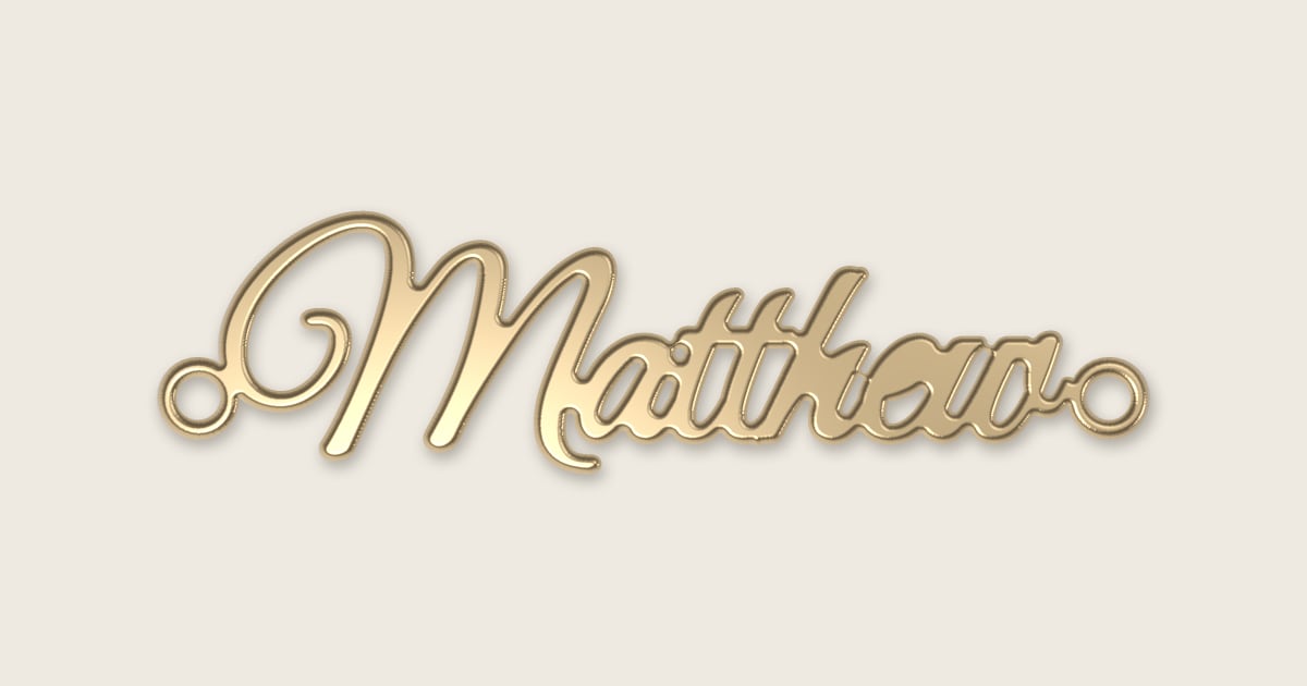 Matthew name necklace in 14k yellow gold, classic script lettering